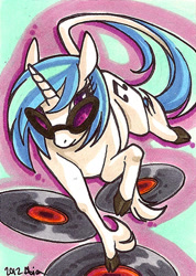 Size: 356x500 | Tagged: safe, artist:alienfirst, character:dj pon-3, character:vinyl scratch, species:classical unicorn, female, leonine tail, record, records, solo