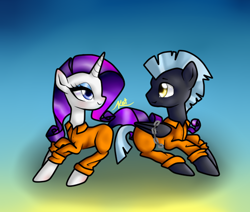 Size: 1000x846 | Tagged: safe, artist:kayak94, character:rarity, character:thunderlane, species:pegasus, species:pony, species:unicorn, ship:rarilane, bound wings, chains, clothing, female, male, mare, prison outfit, prisoner, prisoner ry, shipping, stallion, straight