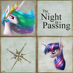 Size: 1400x1400 | Tagged: safe, artist:akurion, character:princess celestia, character:twilight sparkle, fanfic:the night is passing, bust, compass rose, cover, cover art, eyeshadow, fanfic art, fanfic cover, horn jewelry, jewelry, link in description, makeup, piercing, shiny, signature, text, the night is passing