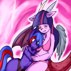 Size: 936x936 | Tagged: safe, artist:fu-do, oc, oc only, oc:crash klyse, species:anthro, species:pegasus, species:pony, bra, breast pillow, clothing, crossdressing, discord sparkle, discorded, draconequified, panties, shipping, snuggling, tddts, underwear