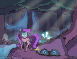Size: 4176x3240 | Tagged: safe, artist:zacproductions, character:fluttershy, butterfly, cel shading, female, forest, glowing eyes, nature, smiling, solo, walking, water