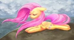 Size: 767x411 | Tagged: safe, artist:nyonhyon, character:fluttershy, species:pegasus, species:pony, eyes closed, female, floppy ears, folded wings, mare, outdoors, prone, solo, water, windswept mane, windswept tail, wings