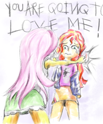 Size: 928x1110 | Tagged: safe, artist:trixsun, character:fluttershy, character:sunset shimmer, ship:sunshyne, my little pony:equestria girls, female, flutterrage, lesbian, shipping, you're going to love me