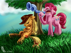 Size: 1800x1350 | Tagged: safe, artist:ravenousdrake, character:applejack, character:pinkie pie, flugelhorn, grass, open mouth, sleeping, this will end in pain, this will end in tears, tree