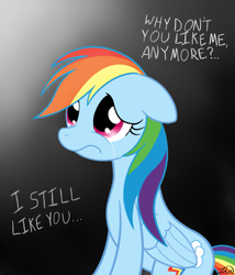 Size: 1371x1600 | Tagged: dead source, safe, artist:zirbronium, character:rainbow dash, crying, female, frown, rejection, sad, solo