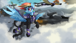 Size: 1420x800 | Tagged: safe, artist:darksittich, character:rainbow dash, character:spitfire, fallout equestria, airship, armor, clothing, cloudship, costume, enclave, enclave armor, enclave raptor, epic, flying, goggles, grand pegasus enclave, ministry mares, ministry of awesome, power armor, scar, scorpion tail, shadowbolt armor, shadowbolt dash, shadowbolts