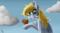 Size: 4800x2700 | Tagged: safe, artist:ravenousdrake, character:derpy hooves, species:pegasus, species:pony, :t, angry, eating, female, foold, mare, muffin, nose wrinkle, solo