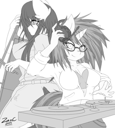 Size: 1800x2000 | Tagged: safe, artist:zanclife, character:dj pon-3, character:octavia melody, character:vinyl scratch, species:anthro, black and white, breasts, busty octavia, busty vinyl scratch, female, glasses, grayscale, headphones, monochrome, turntable