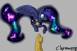 Size: 1024x683 | Tagged: safe, artist:clayman778, character:princess luna, lunadoodle, counting, female, fence, simple background, solo
