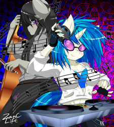 Size: 1800x2000 | Tagged: safe, artist:zanclife, character:dj pon-3, character:octavia melody, character:vinyl scratch, species:anthro, breasts, busty octavia, busty vinyl scratch, cello, clothing, female, fingerless gloves, glasses, gloves, headphones, music notes, musical instrument, pony ears, sideboob, turntable, violin