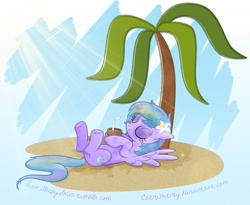 Size: 990x811 | Tagged: dead source, safe, artist:catwhitney, oc, oc only, oc:sleepy skies, species:pegasus, species:pony, coconut cup, crepuscular rays, drink, flower, flower in hair, on back, palm tree, solo, tree