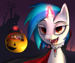 Size: 2000x1669 | Tagged: dead source, safe, artist:dazko, character:dj pon-3, character:vinyl scratch, species:pony, species:unicorn, bedroom eyes, blood, candy, cape, clothing, costume, fake blood, fangs, female, glowing horn, halloween, horn, kitchen eyes, levitation, licking lips, looking at you, magic, mare, night, nightmare night, open mouth, pumpkin bucket, red eyes, ruby, solo, telekinesis, trick or treat, vampire, vampony, vinyl the vampire