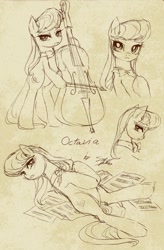 Size: 1000x1522 | Tagged: safe, artist:soukitsubasa, character:octavia melody, cello, female, monochrome, musical instrument, on back, sheet music, sketch, sketch dump, solo