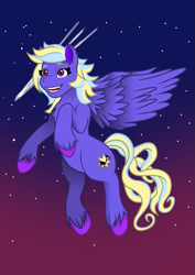Size: 827x1169 | Tagged: safe, artist:sketchy brush, character:comet tail, oc, oc only, oc:evening song, species:pegasus, species:pony, multicolored hair, music notes, red eyes, stars, vector