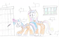 Size: 1643x1067 | Tagged: safe, artist:brogararts, character:princess cadance, character:twilight sparkle, character:twilight sparkle (alicorn), species:alicorn, species:pony, aura, clothing, female, file, glowing horn, magic, mare, prison, prison outfit, prisoner ts, traditional art