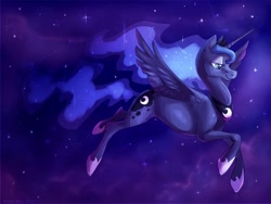 Size: 800x600 | Tagged: safe, artist:kaceymeg, character:princess luna, species:alicorn, species:pony, female, flying, mare, night, sky, smiling, solo