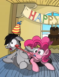 Size: 2832x3683 | Tagged: safe, artist:friendshipismetal777, character:pinkie pie, oc, cake, clothing, hat, high res, party, party hat, party horn