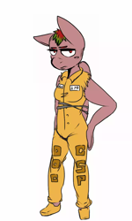 Size: 768x1280 | Tagged: safe, artist:fu-do, oc, oc only, species:anthro, bound wings, clothing, frown, looking at you, prison outfit, project: csp, solo, torn clothes