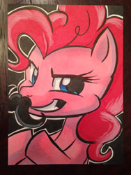 Size: 1024x1365 | Tagged: safe, artist:joshuadraws, character:pinkie pie, fake moustache, female, grin, moustache, solo, traditional art