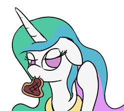Size: 1030x924 | Tagged: safe, artist:godofsteak, character:princess celestia, species:pony, bedroom eyes, bust, empty eyes, female, food, mare, meat, mouth hold, no catchlights, no pupils, ponies eating meat, simple background, solo, steak, transparent background