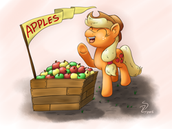 Size: 1920x1440 | Tagged: safe, artist:filpapersoul, character:applejack, apple, apple stand, box, buy some apples, cute, ear fluff, eyes closed, female, flag, jackabetes, open mouth, solo, that pony sure does love apples, underhoof, yelling