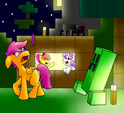 Size: 1200x1100 | Tagged: safe, artist:solipsus, character:apple bloom, character:scootaloo, character:sweetie belle, creeper, crossover, cutie mark crusaders, exclamation point, minecraft, spider