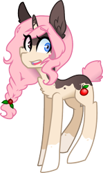 Size: 592x992 | Tagged: safe, artist:hi-imrushing, artist:shady norse fox, artist:sketchy brush, oc, oc only, oc:kirsche freude, species:pony, species:unicorn, braid, cherry, chest fluff, clothing, hair tie, heterochromia, multicolored coat, pink mane, simple background, socks, transparent background, vector, vector trace