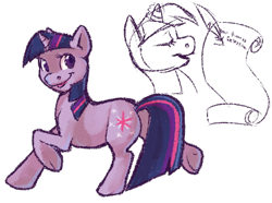 Size: 700x521 | Tagged: safe, artist:kaceymeg, character:twilight sparkle, female, looking at you, looking back, open mouth, quill, raised hoof, raised leg, scroll, smiling, solo, underhoof