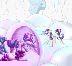 Size: 1200x1100 | Tagged: safe, artist:solipsus, character:night glider, character:starlight glimmer, character:sugar belle, character:twilight sparkle, character:twilight sparkle (alicorn), species:alicorn, species:pony, episode:the cutie map, g4, my little pony: friendship is magic, female, magic, mare, scene interpretation, snow
