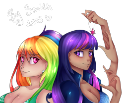 Size: 1280x1067 | Tagged: safe, artist:yanshiki, character:rainbow dash, character:twilight sparkle, species:human, cleavage, female, humanized, nami, nico robin, one piece, simple background, transparent background