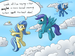 Size: 1600x1200 | Tagged: safe, artist:filpapersoul, character:fluffy clouds, character:open skies, character:sunshower, episode:tanks for the memories, g4, my little pony: friendship is magic, :t, cloud, cloudy, derp, dialogue, flapping, flying, frown, open mouth, potato, spread wings, who's on first?, wings