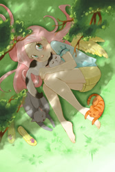 Size: 800x1200 | Tagged: safe, artist:paulina-ap, character:fluttershy, species:human, barefoot, cat, cute, feet, flip-flops, grass, high angle, humanized, looking at you, shyabetes, winged humanization