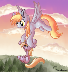 Size: 750x800 | Tagged: safe, artist:littlepinkalpaca, character:derpy hooves, character:dinky hooves, species:pegasus, species:pony, female, flying, mare, mother and child, mother and daughter