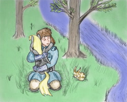 Size: 1366x1106 | Tagged: safe, artist:sdf1jjak, character:derpy hooves, species:human, feels, grass, hug, nausicaa & derpy, nausicaa of the valley of the wind, river, save derpy, squirrel fox, stream, teto, that one nameless background pony we all know and love, tree