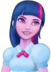 Size: 430x603 | Tagged: safe, artist:mentalmongloid, character:twilight sparkle, my little pony:equestria girls, bust, female, simple background, solo, uncanny valley, white background
