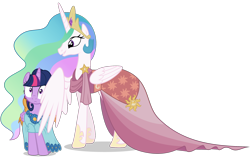 Size: 2100x1350 | Tagged: safe, artist:tizerfiction, character:princess celestia, character:twilight sparkle, character:twilight sparkle (alicorn), species:alicorn, species:pony, episode:make new friends but keep discord, g4, my little pony: friendship is magic, clothing, dress, female, grin, mare, princess destructlestia, simple background, transparent background, vector, wing shove, wingpush