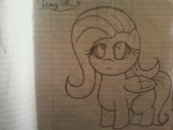 Size: 960x720 | Tagged: safe, artist:messenger, character:fluttershy, caption, cute, female, heart, lined paper, monochrome, pencil drawing, sketch, solo, tiny ponies, traditional art