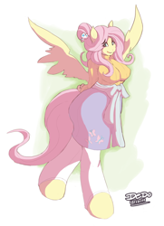 Size: 608x838 | Tagged: safe, artist:lionalliance, character:fluttershy, species:anthro, species:unguligrade anthro, breasts, busty fluttershy, clothing, female, skirt, solo, sweater, sweatershy