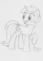 Size: 751x1063 | Tagged: safe, artist:poldekpl, character:lyra heartstrings, species:pony, species:unicorn, background pony, female, looking back, monochrome, pencil drawing, raised hoof, sketch, smiling, solo, traditional art