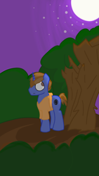 Size: 720x1280 | Tagged: safe, artist:ntheping, oc, oc only, species:pony, species:unicorn, :s, frown, get, index get, looking back, male, moon, nervous, night, solo, stallion, tree, wavy mouth, wide eyes