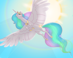 Size: 1000x800 | Tagged: safe, artist:janegumball, character:princess celestia, species:alicorn, species:pony, backlighting, big wings, crepuscular rays, female, flying, low angle, majestic, mare, sky, solo, spread wings, sun, wings