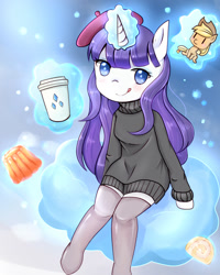 Size: 1024x1280 | Tagged: safe, artist:shouyu musume, character:applejack, character:rarity, species:anthro, species:unguligrade anthro, episode:sweet and elite, g4, my little pony: friendship is magic, arm hooves, beatnik rarity, beret, blep, clothing, coffee cup, cup, female, hat, implied lesbian, implied rarijack, implied shipping, jello, licking, licking lips, pixiv, plushie, solo, stockings, sweater, tongue out, turtleneck