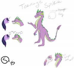 Size: 2661x2445 | Tagged: safe, artist:sydfreak2, character:spike, character:sweetie belle, character:twilight sparkle, species:dragon, ship:spikebelle, female, male, older, older spike, shipping, sketch, straight, teenage spike, teenaged dragon