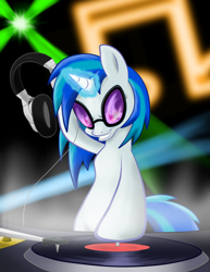 Size: 1024x1325 | Tagged: safe, artist:sycotei-b, character:dj pon-3, character:vinyl scratch, species:pony, species:unicorn, female, headphones, mare, neon, solo, turntable