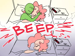 Size: 1000x750 | Tagged: safe, artist:nobody, artist:pink-dooples, edit, character:pinkie pie, oc, oc:anon, species:human, series:anon's alarm clock, alarm clock, bed, dream, female, human fetish, male, reality ensues, reality sucks, role reversal, sad, snuggling, straight