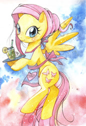 Size: 820x1200 | Tagged: safe, artist:paulina-ap, character:fluttershy, alternate hairstyle, apron, clothing, drink, female, glass, looking at you, solo, sugarcube corner, traditional art, waitress, watercolor painting
