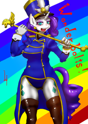 Size: 1000x1400 | Tagged: safe, artist:kenoi, character:rarity, species:anthro, species:pony, species:unicorn, ancient wonderbolts uniform, breasts, busty rarity, clothing, eyestrain warning, female, hat, needs more saturation, rainbow background, sgt. rarity, shako, style comparison, uniform