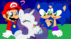 Size: 1050x570 | Tagged: safe, artist:heartinarosebud, character:rarity, character:sonic the hedgehog, species:human, species:pony, species:unicorn, conjoined, conjoined twins, crossover, hedgehog, mario, mario & sonic, mario and sonic, nintendo, sega, sonic the hedgehog (series), super mario bros., super smash bros., tetris, two heads, yin-yang