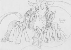 Size: 1063x751 | Tagged: safe, artist:oliverthepanda, artist:poldekpl, character:discord, character:nightmare moon, character:princess luna, character:queen chrysalis, accessory swap, antagonist, derp, monochrome, pencil drawing, traditional art