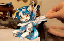 Size: 544x353 | Tagged: safe, artist:theuselesstoe, oc, oc only, oc:zack, species:human, species:pegasus, species:pony, craft, hand, pulling, traditional art, wing pull